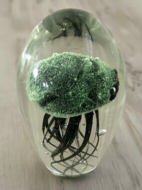 5" Handblown Art Glass GLOW-IN-THE-DARK Suspended Jellyfish Bubbles PAPERWEIGHT